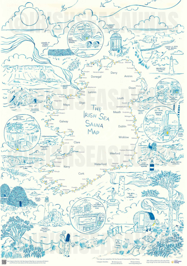 Beautifully Hand-Illustrated Map of Ireland’s Coastal Sea Saunas – A2 Print